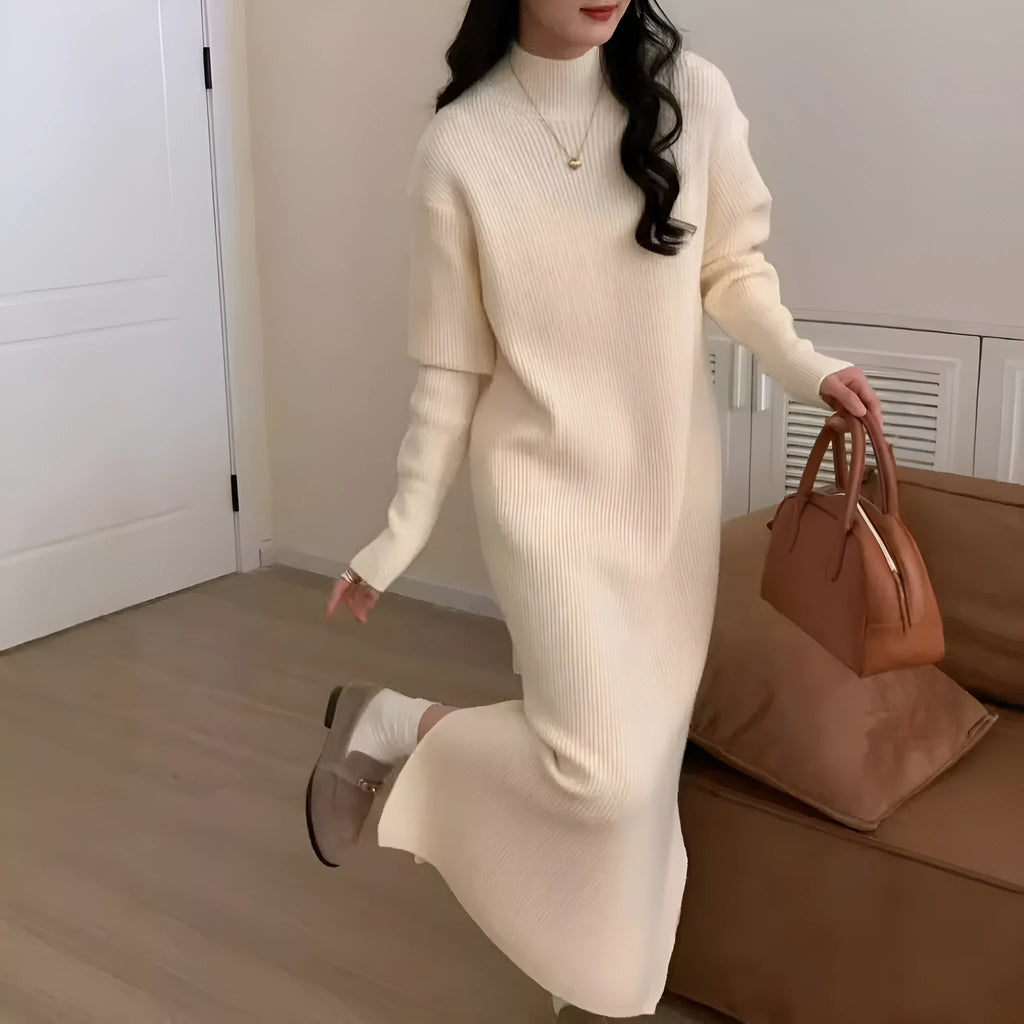 Women's acrylic half turtleneck knitted dress in graphite colour with long sleeves and mid-length hem