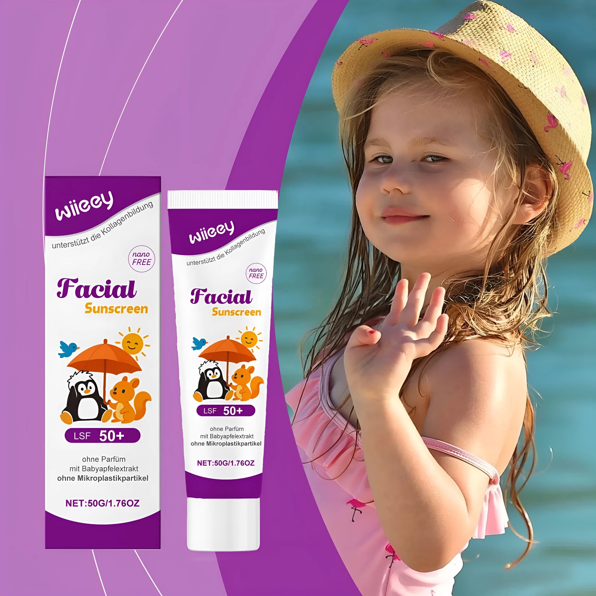 50g tube of SPF 50+ sunscreen cream with titanium dioxide for daily summer protection.
