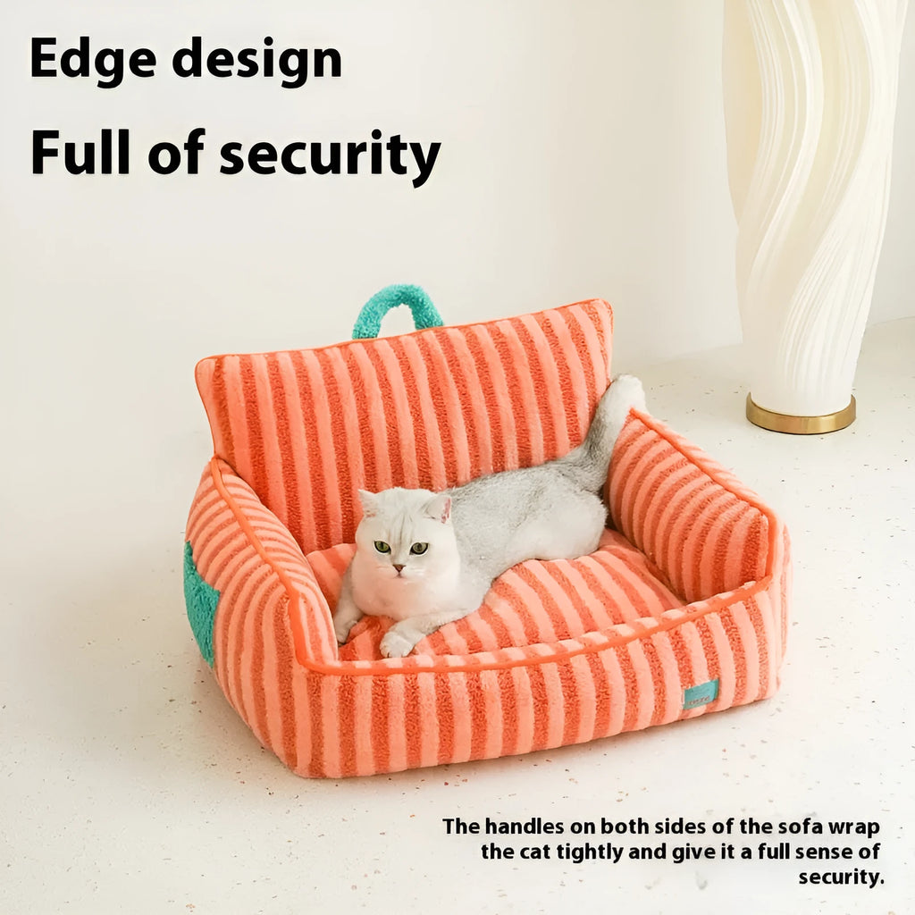Striped orange plush pet bed for a small dog on a wooden floor.