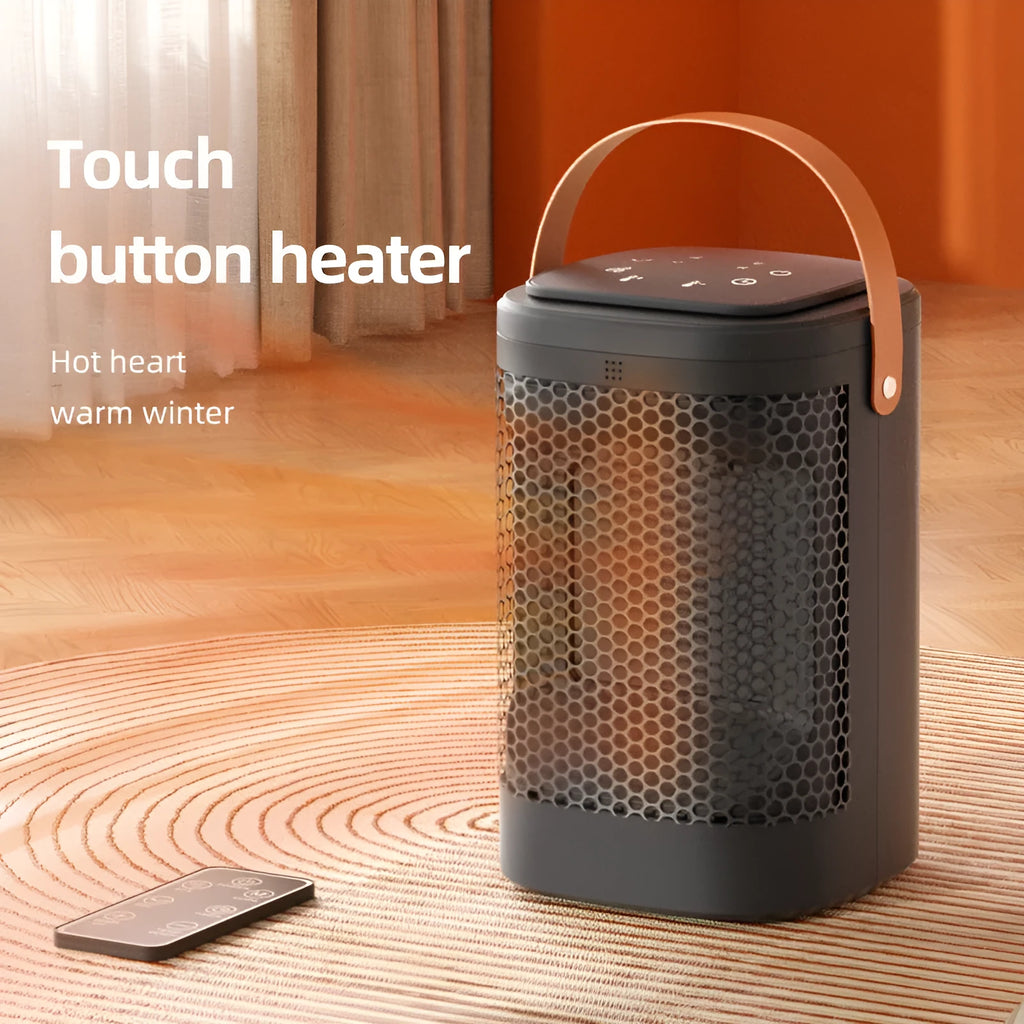 Silver digital heating radiator with a touch screen display and remote control on a wooden floor.