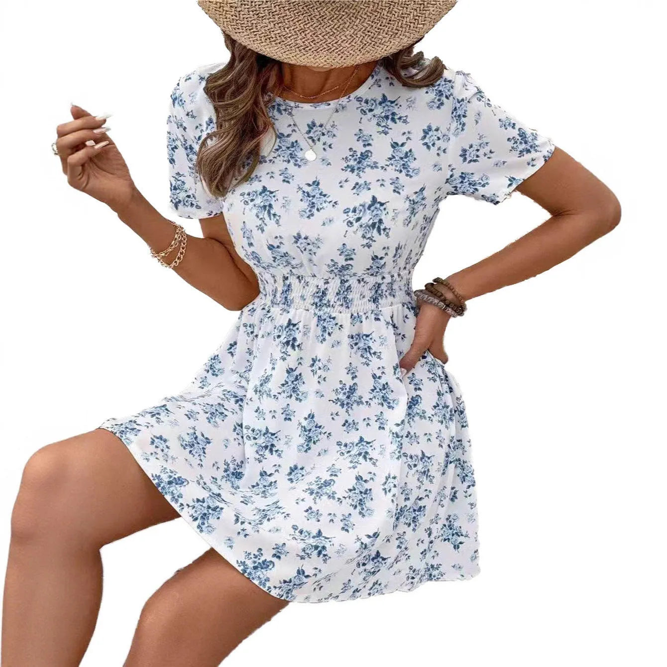 Light blue high-waisted A-line casual dress on a hanger.