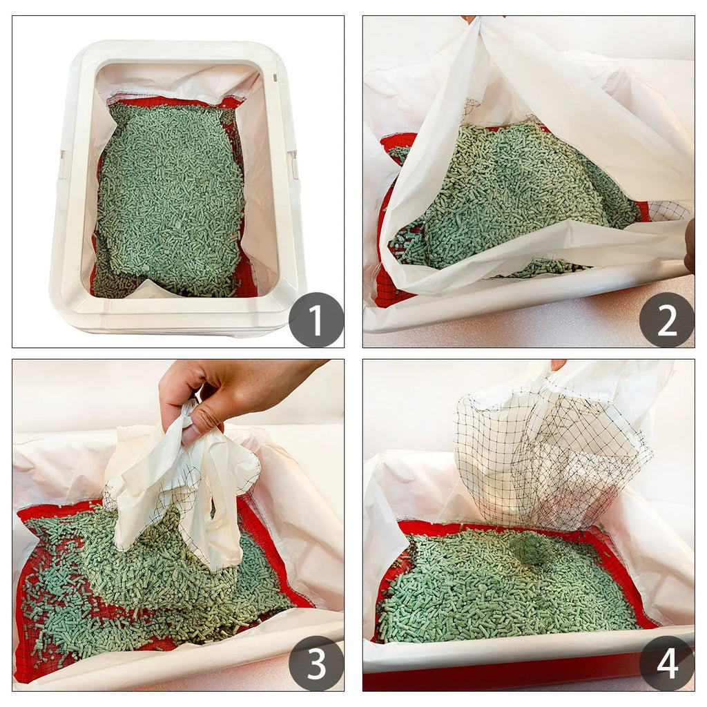 Plastic cat litter bags in S, M and L set with white mats, strainer and black garbage bags