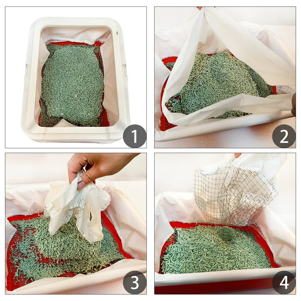 Plastic cat litter bags in S, M and L set with white mats, strainer and black garbage bags