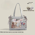 Transparent large capacity PU tote bag with double straps and zip pocket, shown in multiple colours.