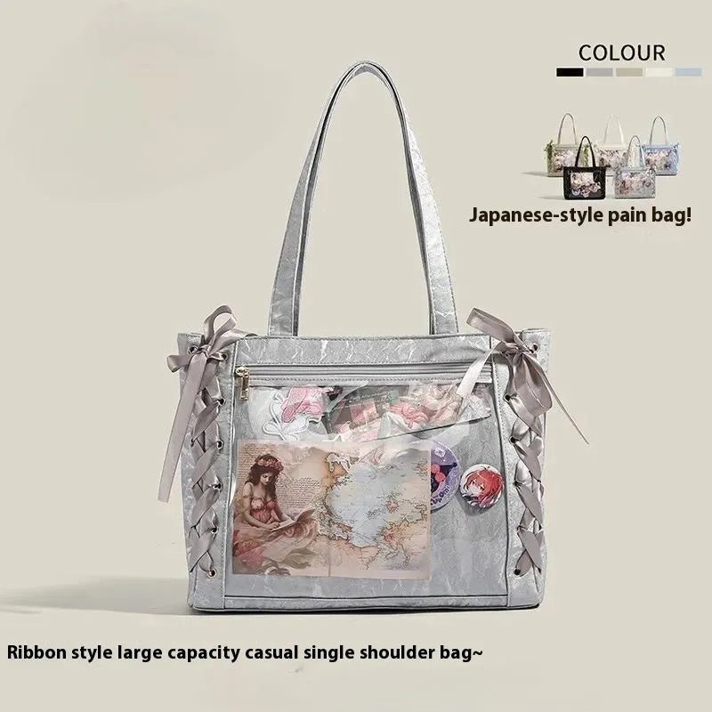 Transparent large capacity PU tote bag with double straps and zip pocket, shown in multiple colours.