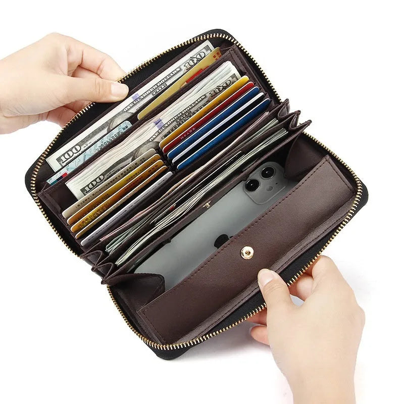 Genuine leather long women's wallet in six colours showing large-capacity design