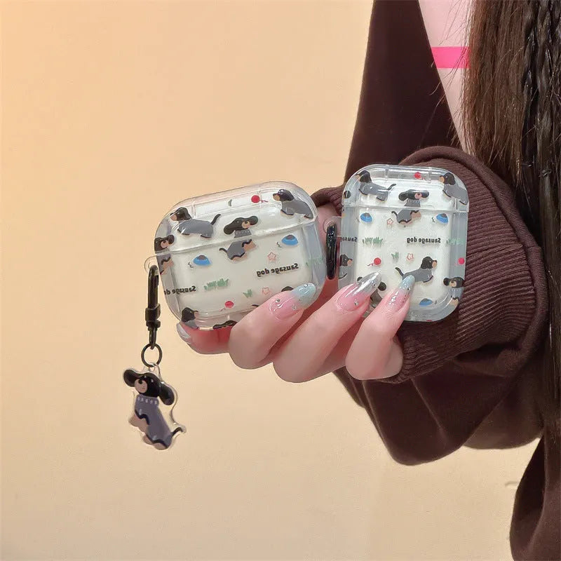 Cartoon silicone protective case for Apple AirPods with sausage dog sweater pendant in embossed design