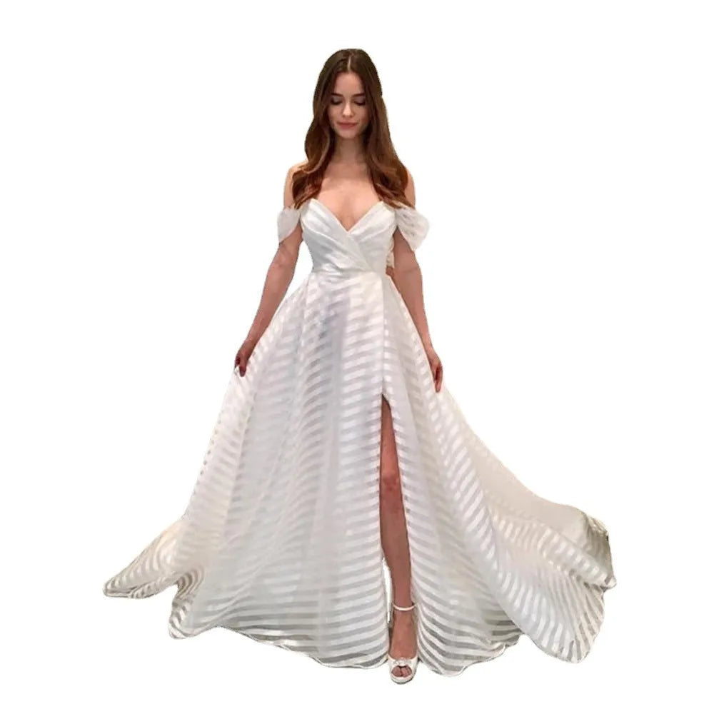 Women's pure white see-through organza dress with long trailing skirt, sleeveless, mid waist