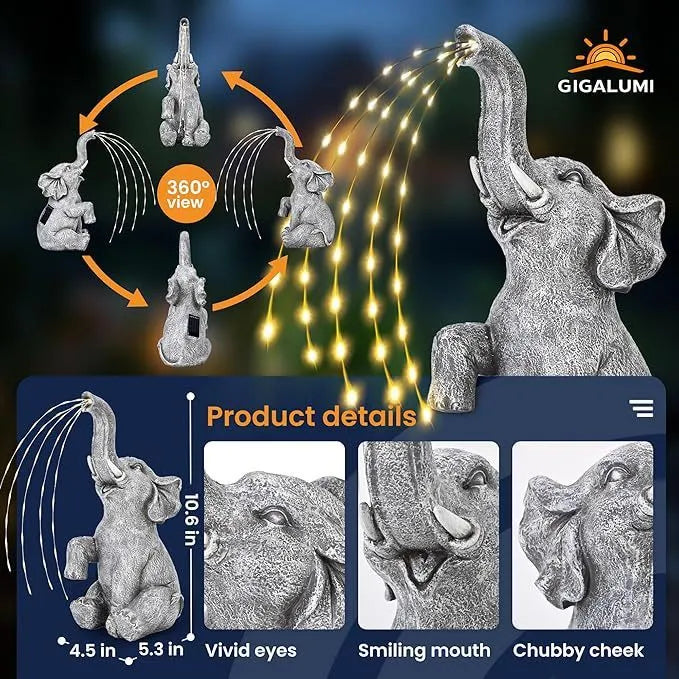 Resin elephant garden statue with integrated LED lighting, suitable for outdoor use.