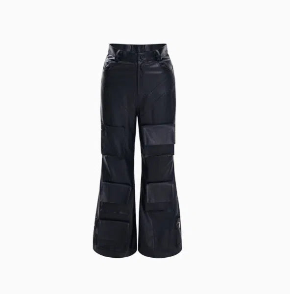 Black wide leg leather pants with three-dimensional pockets, autumn Korean style, sizes S to XL