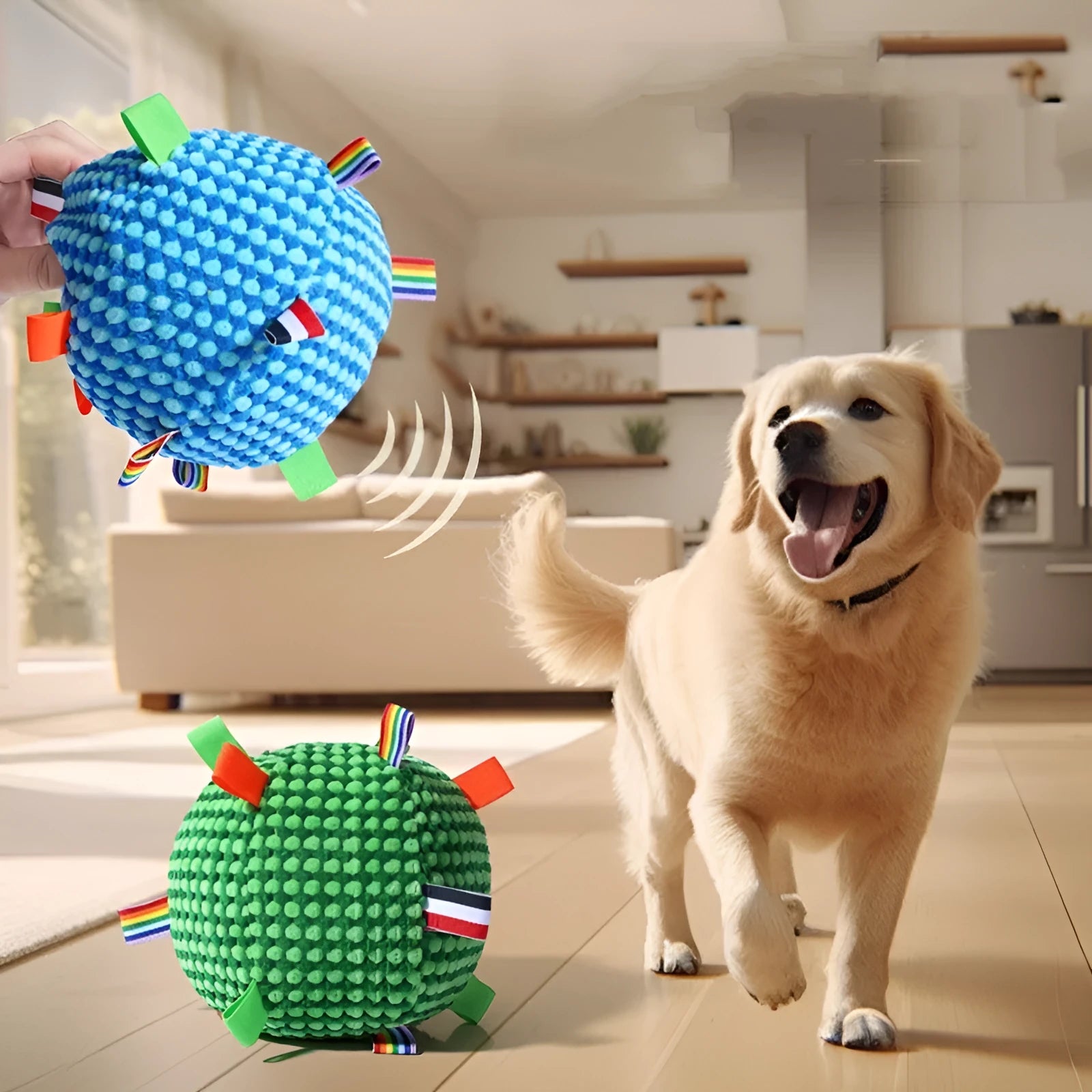 Blue pineapple lattice pattern dog chew toy with internal squeaker, shown next to a measuring tape indicating 17cm diameter.