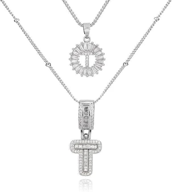 26 English letters copper-plated gold diamond initial pendant necklace with adjustable chain on display
