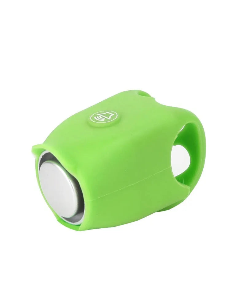 Electronic bicycle horn with plastic housing in six colour options showing compact dimensions for handlebar mounting