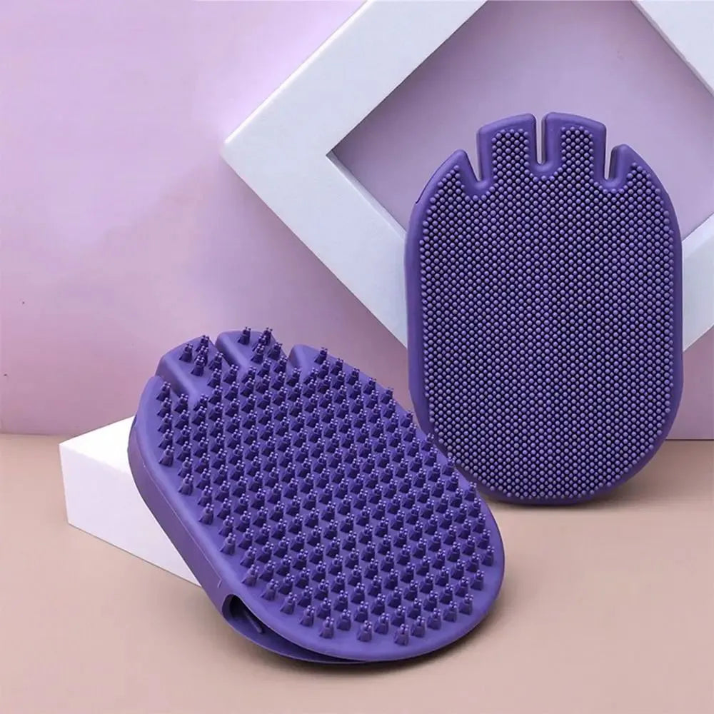 Purple pet grooming brush with dual-sided design and ergonomic handle for dog and cat bathing
