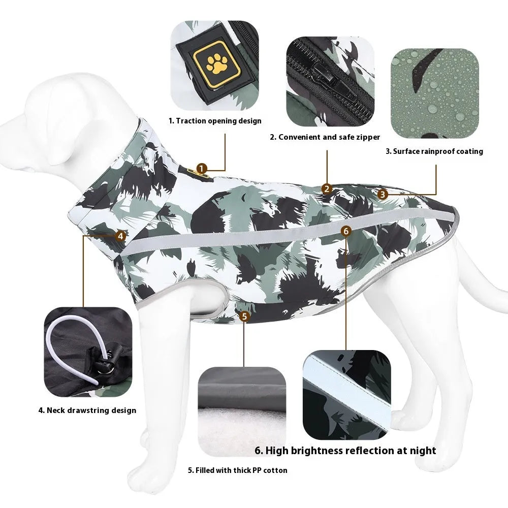 A dog wearing a thick reflective polyester shell jacket with a geometric blue print.