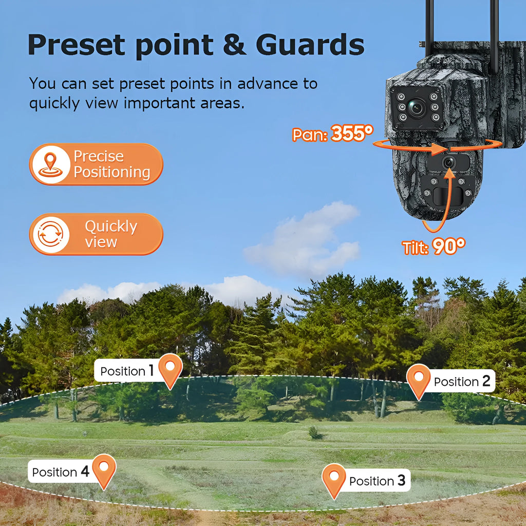 6MP solar surveillance camera with IP66 rating, dual screen, and ceiling mount for outdoor use