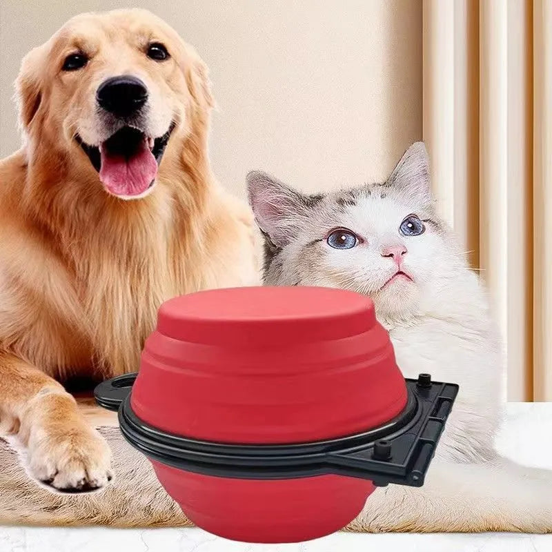 Blue silicone folding double pet bowl showing two compartments, collapsed flat next to it.