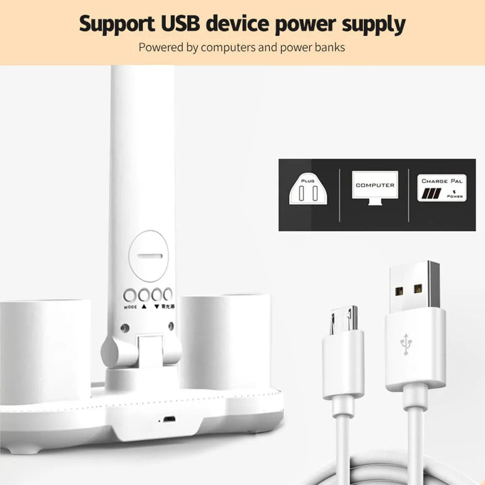 White LED desk lamp with calendar display and pen holder, touch control, USB powered