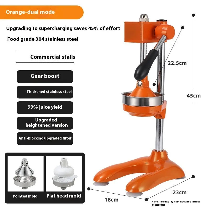 A vertical stainless steel manual citrus juicer on a kitchen counter, showing different colour and head style options.