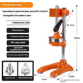 A vertical stainless steel manual citrus juicer on a kitchen counter, showing different colour and head style options.