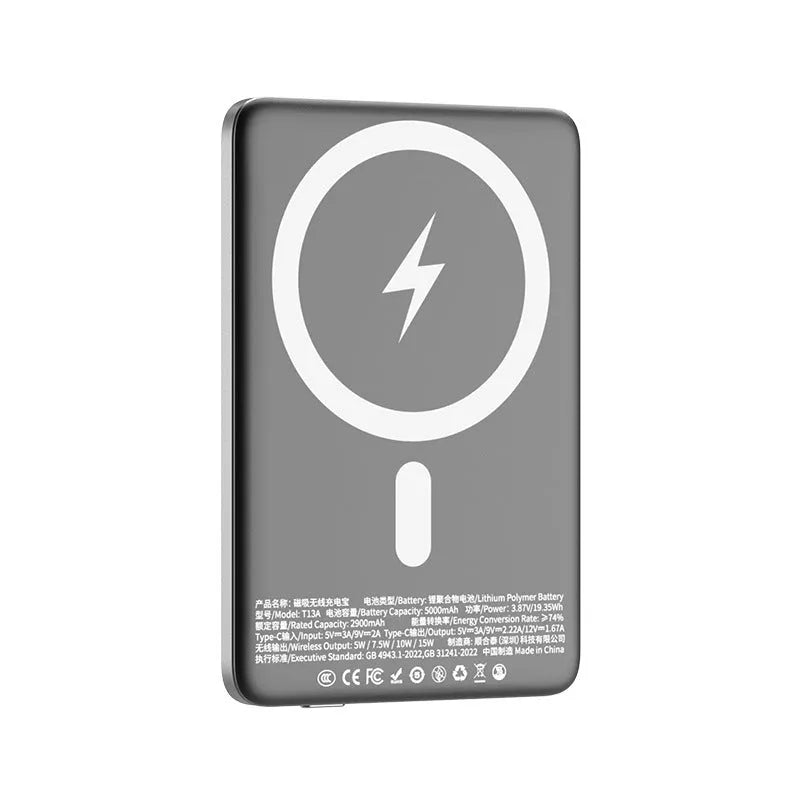 Gun grey magnetic wireless power bank showing slim 9mm profile and compact design