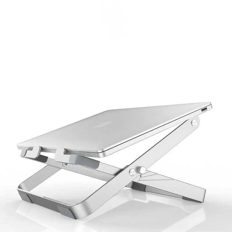 Folding silver grey aluminium laptop stand with silicone pads in expanded position showing heat dissipation design