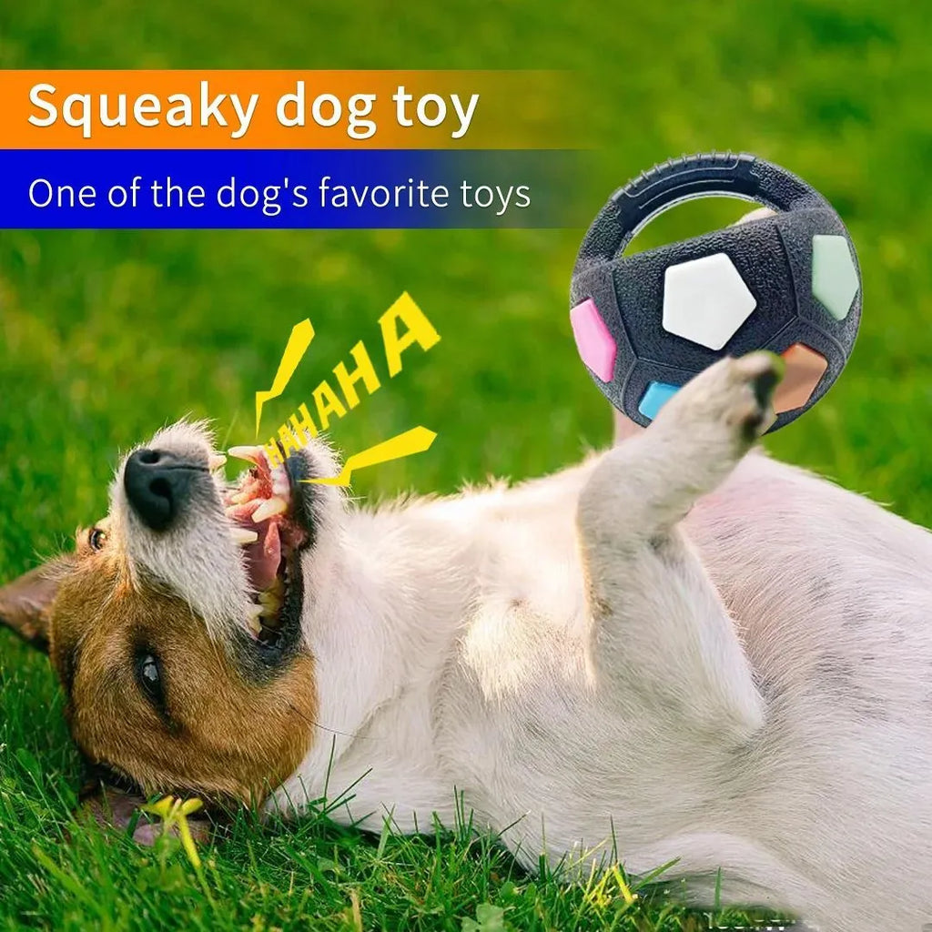 Football tennis ball shaped dog toy in white with black pattern for outdoor fetching