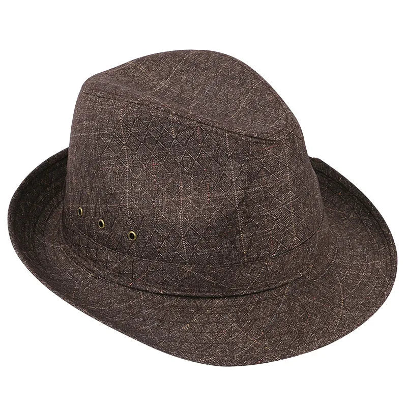 A classic brown fedora hat for men on a wooden stand, showing its structured crown and medium-width brim.