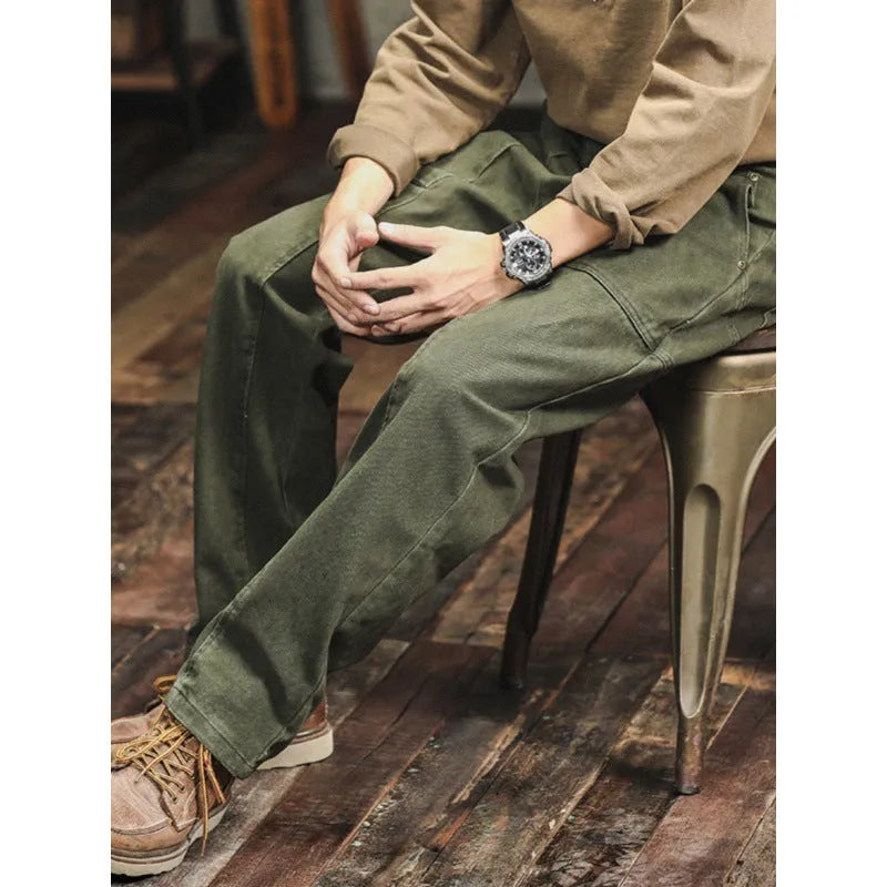 Men's retro cargo trousers in Army Green, cotton bevel cloth, loose straight leg, mid waist, sizes 28 to 38