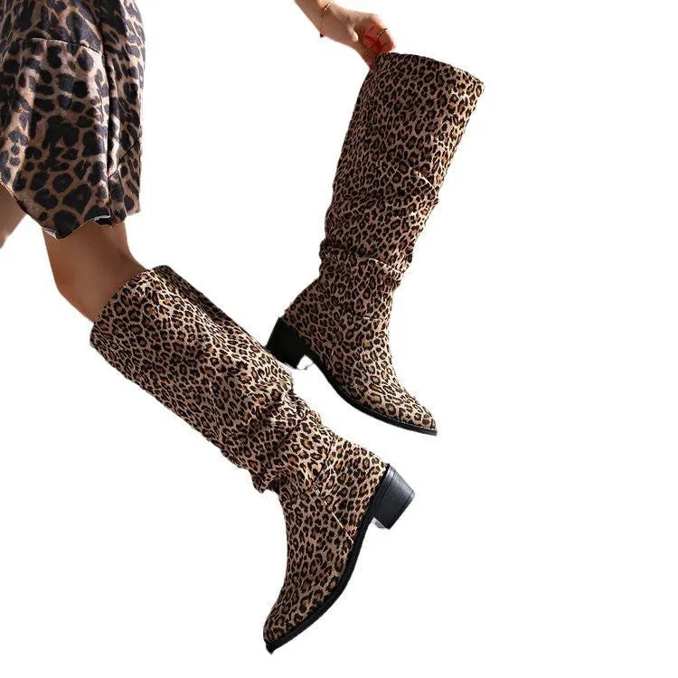 Brown leopard print women's ankle boots with square toe and chunky heel