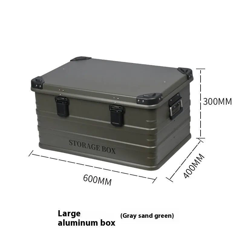 Waterproof vehicle-mounted storage box in Army Green, shown in medium size dimensions.