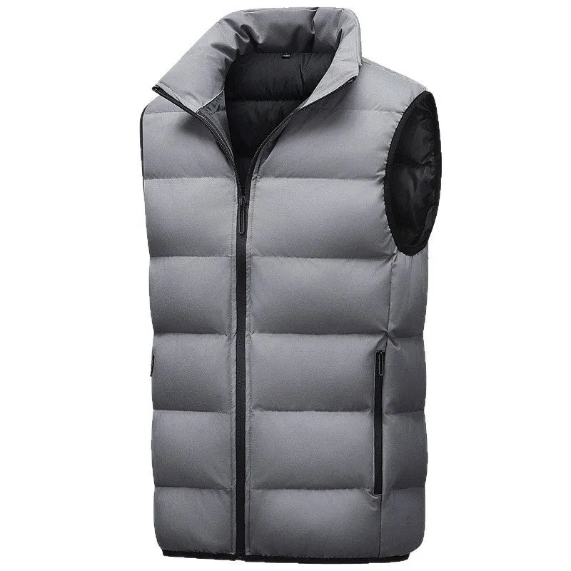 Men's waterproof polyester vest in black with straight hem, front view