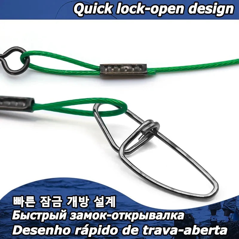 Set of 10 green steel wire fishing leaders with double buckle pins showing 54cm length measurement