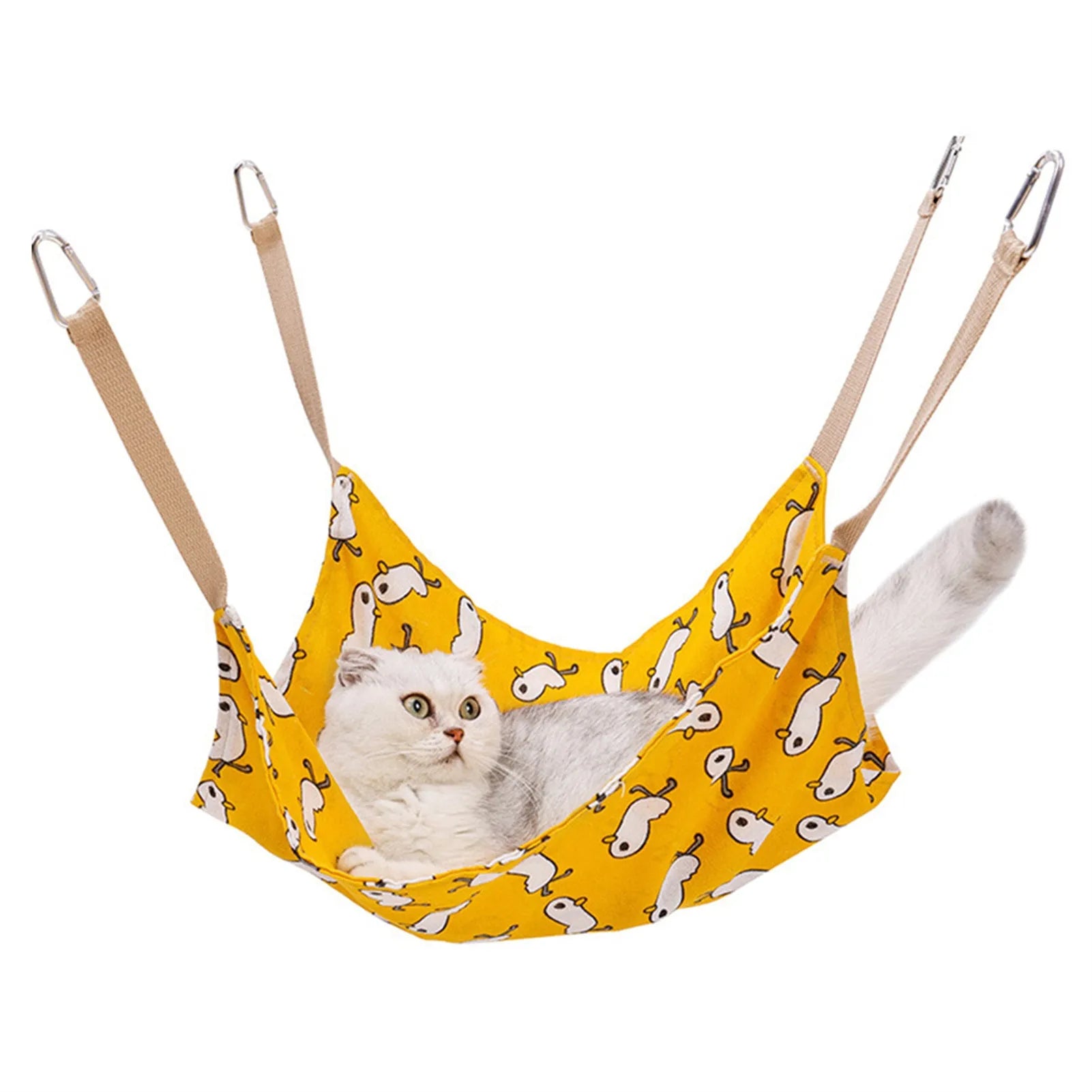 Yellow cotton linen cat hammock with metal hanging hook, shown suspended.