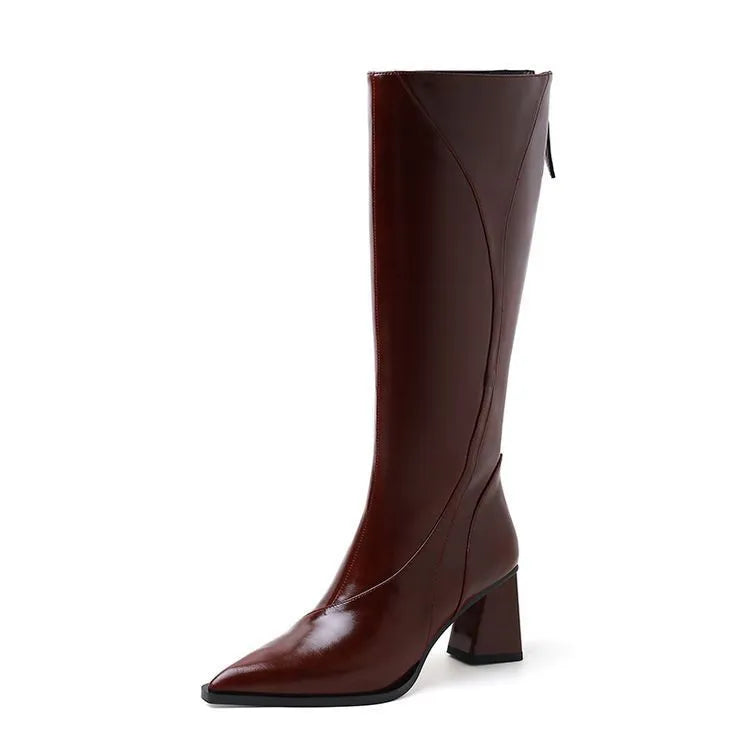 Women's brown retro cowhide high heel riding boots with a waterproof platform sole