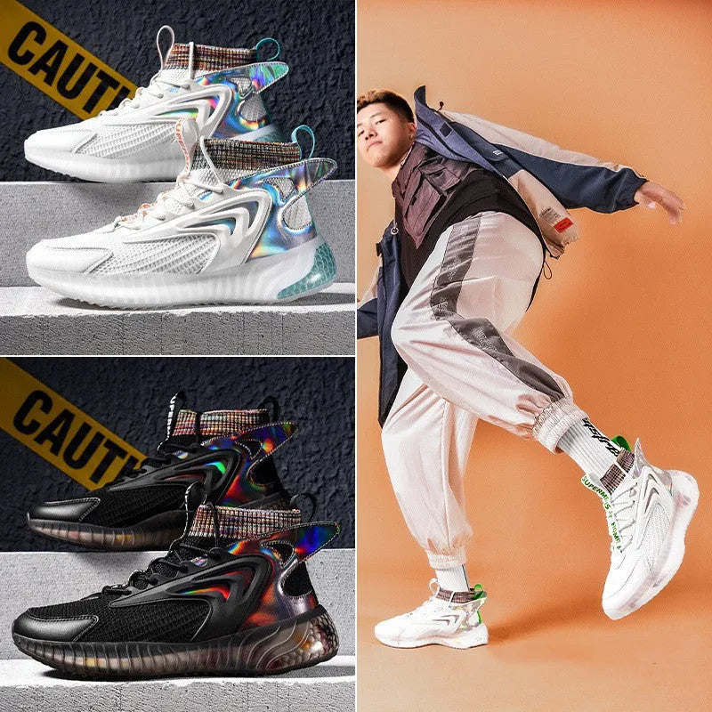 Men's casual mesh shoes with leather stitching, back-tie closure, and non-slip rubber sole, black and white colourway