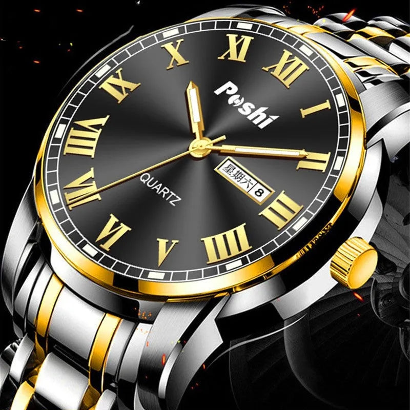 Men's quartz watch with stainless steel strap, double calendar, luminous dial, round alloy case, available in gold black blue silver