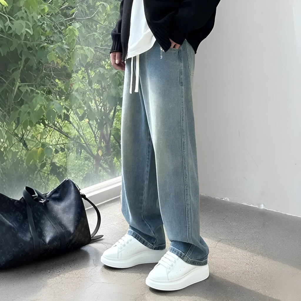 Straight leg men's trousers in denim cotton with drawstring waist closure