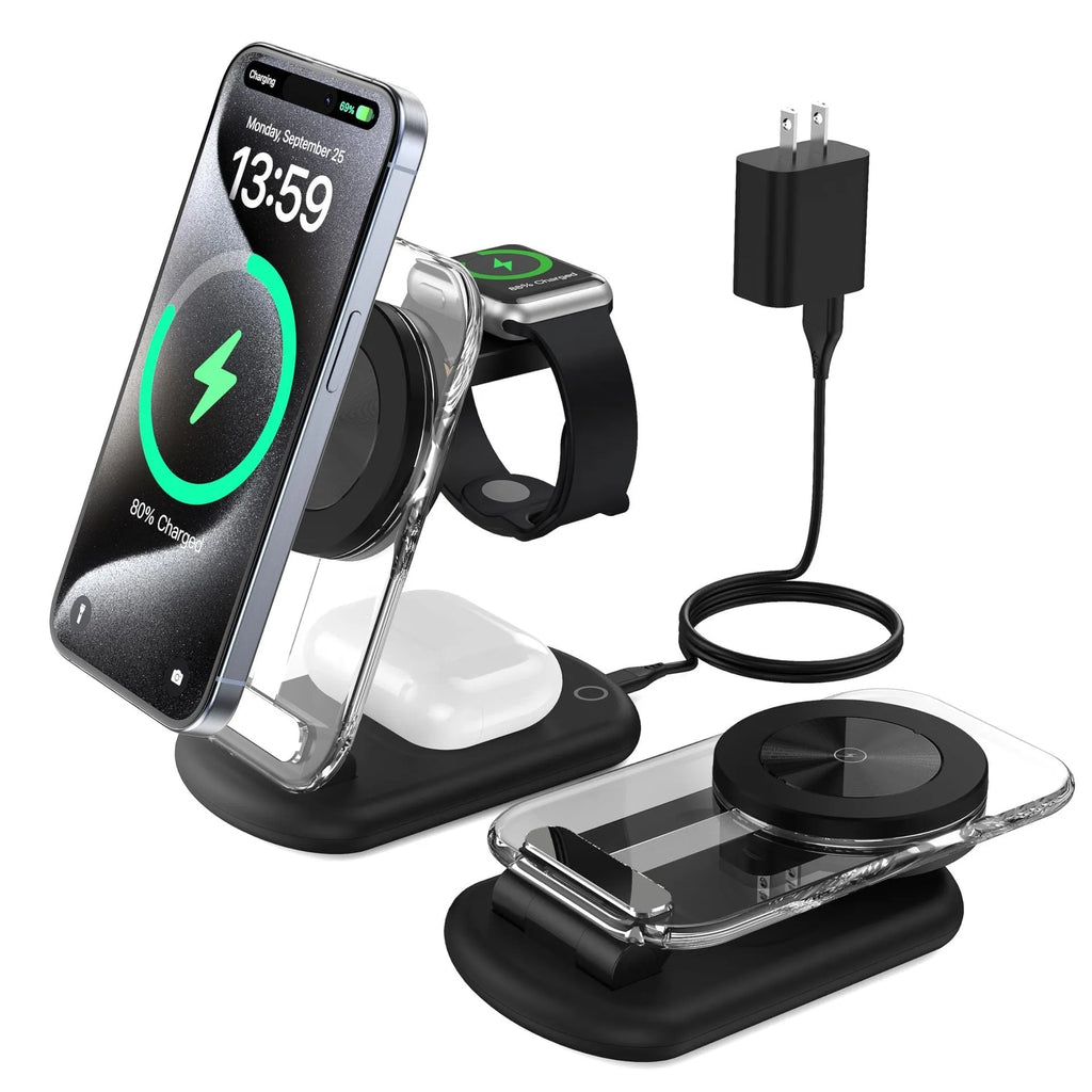 Transparent foldable 3-in-1 wireless charger showing magnetic pad, Qi coil, and closed portable form.