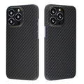 Kevlar fibre iPhone case with MagSafe magnetic charging compatibility in dull black Volcanic Crater pattern