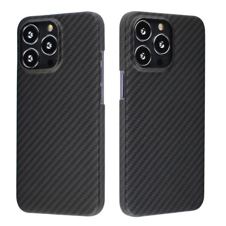 Kevlar fibre iPhone case with MagSafe magnetic charging compatibility in dull black Volcanic Crater pattern