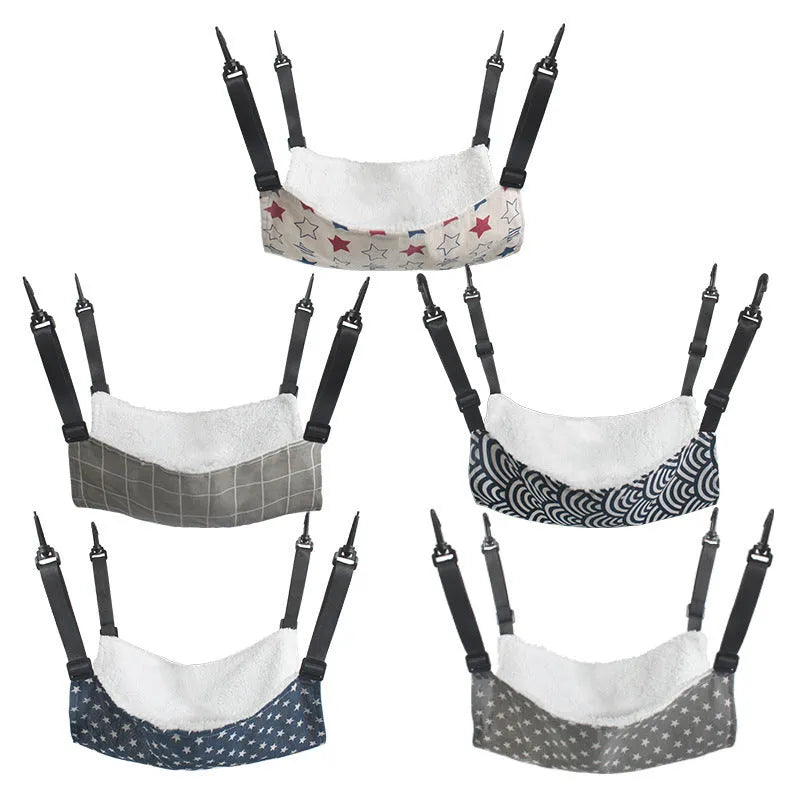 Cloth hanging cat bed with adjustable straps in a pet cage, available in sizes 27x27cm to 57x47cm and multiple patterns