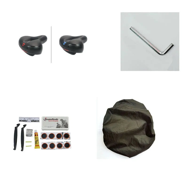 Universal bicycle saddle with grey PU leather top, shown alongside a waterproof cover, a silver 6mm wrench, and a box of tyre patches.
