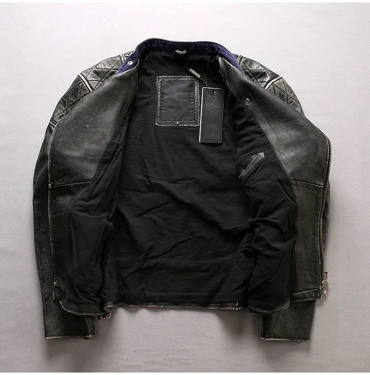Men's distressed stand collar cropped slim leather jacket in black top layer cowhide seen from front