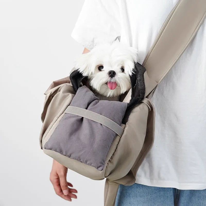 Apricot cloth pet summer handbag with adjustable strap, dimensions 41x16x28cm.