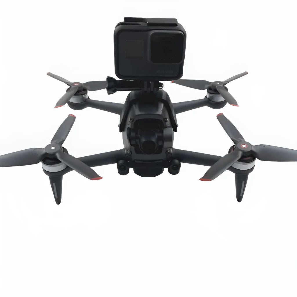 3D-printed hard plastic expansion bracket with sponge pad for drone and GoPro action camera mounting.