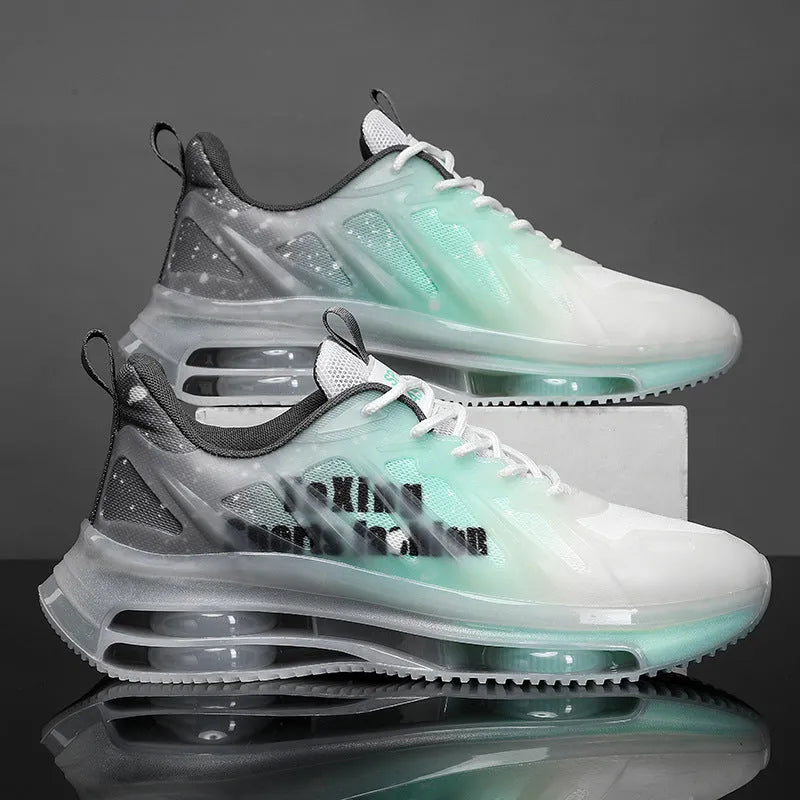 Men's grey green platform sneaker with mesh upper and rubber sole on a white background.