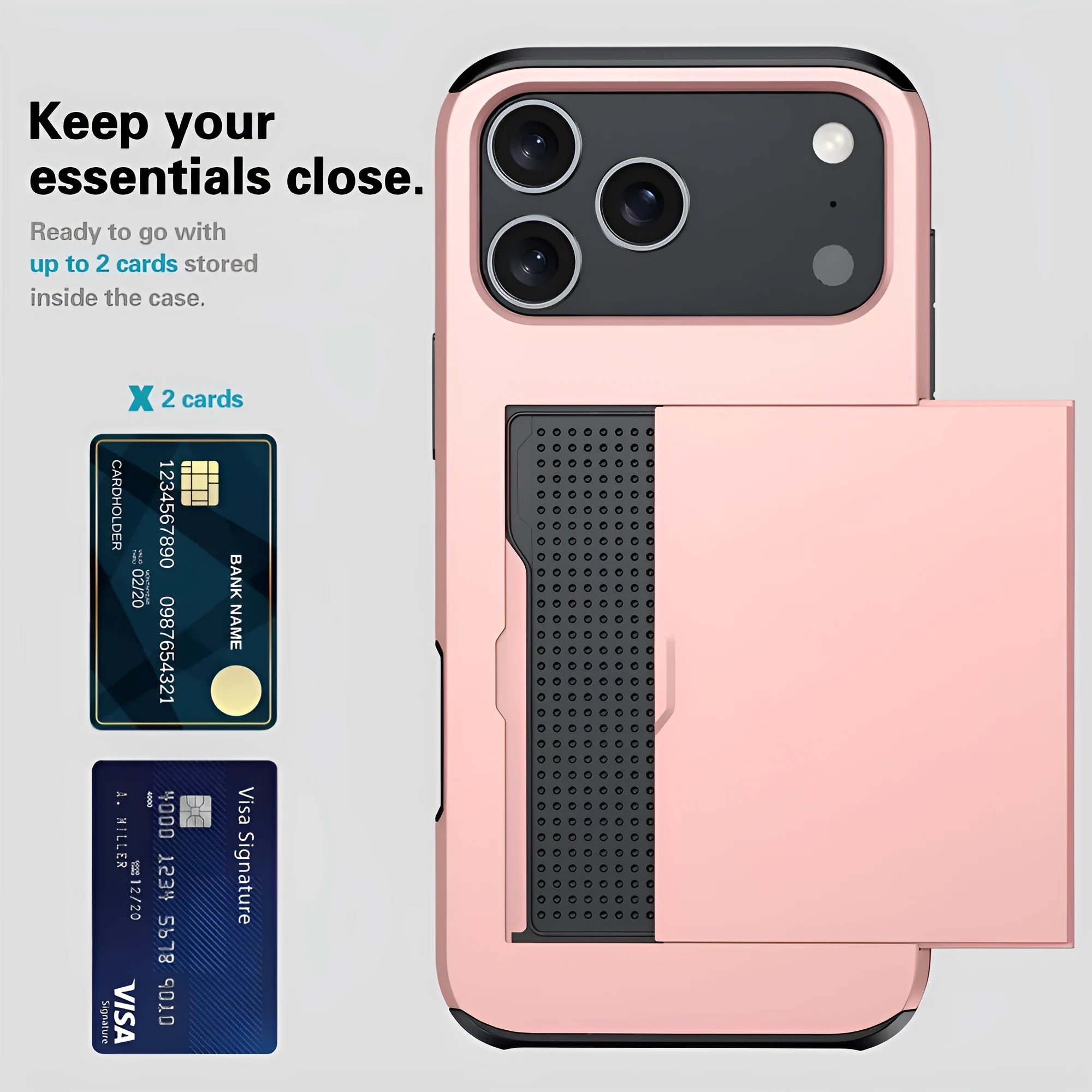 Sliding card case for Apple iPhone in various colours showing card insertion slot and shockproof design