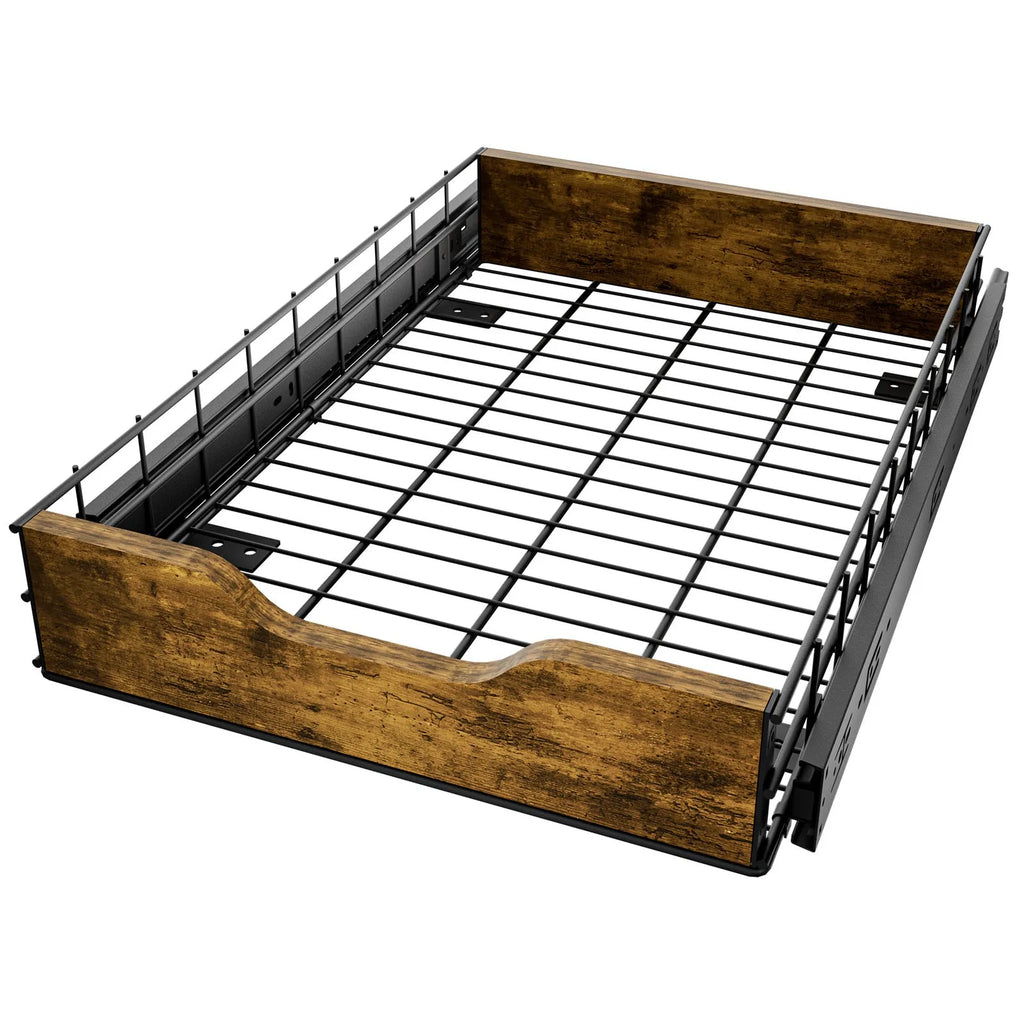 Black household storage rack with pull-out basket drawers made from wood and iron for kitchen organisation.