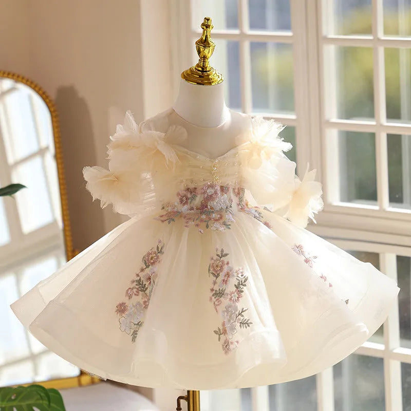Girls' light champagne princess dress for birthday and performance, height sizes 80cm to 150cm, polyester lining and main fabric